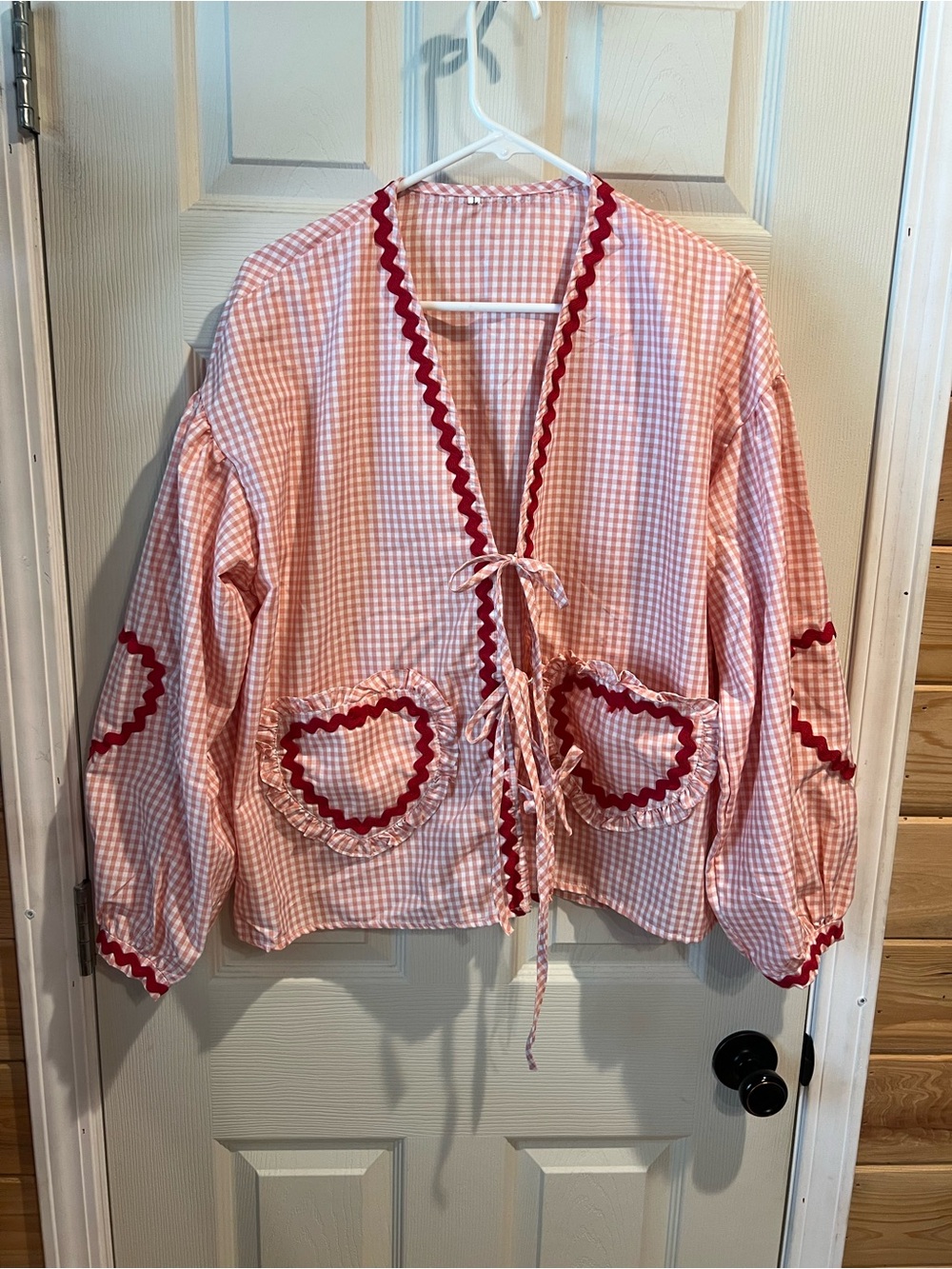 Amazon Pink Gingham Tie-Front Jacket with Red Ric Rac Trim